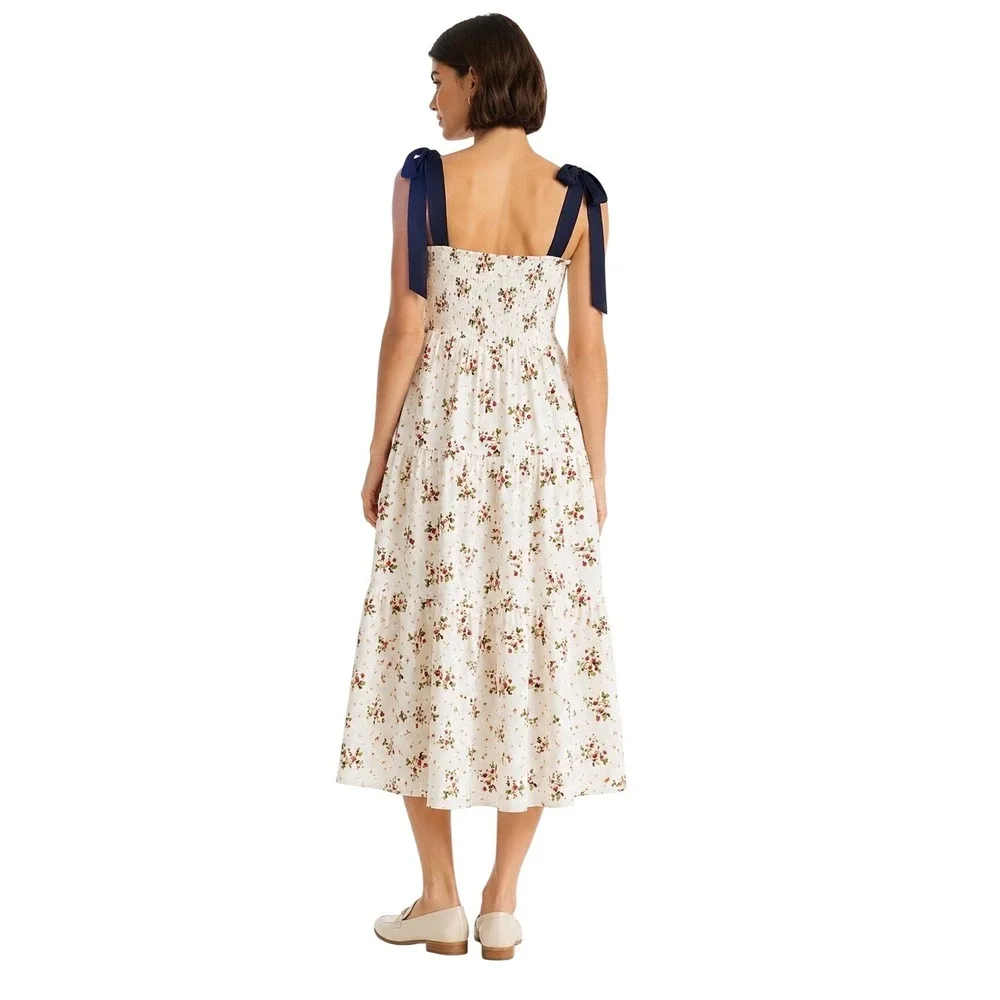 J.Crew Tie Shoulder Smocked Floral Midi Dress S Cottagecore Coquette Preppy